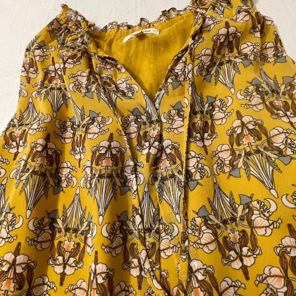 Max Studio Shirt Womens XL Floral Print Sleeveless Blouse Yellow Ruffle Neck Top